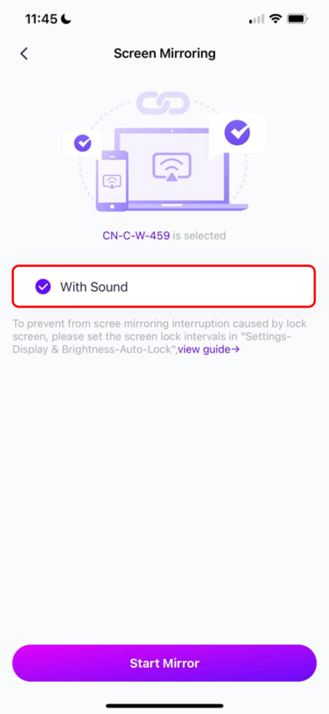 Configurazione dello Screen Mirroring di iOS con l'opzione audio attivata.