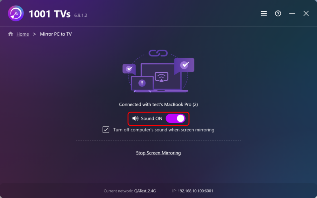 Interfaccia di screen mirroring per PC Windows con opzione di attivazione e interruzione del suono.