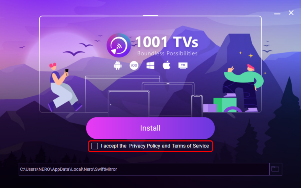 Gizlilik politikası seçeneği ile 1001 TVs kurulum ekranı.